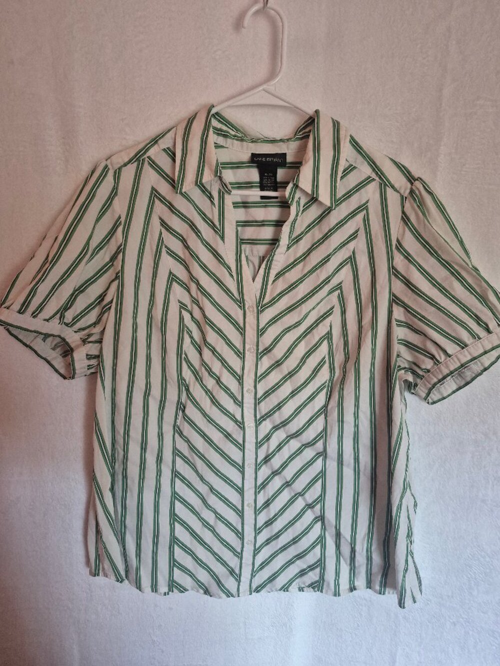 Lane Bryant Striped Button Blouse Green White 18/20 Office Preppy Casual Classic